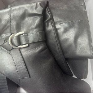 Women's Black Faux Leather Ankle Boots with Buckle Detail